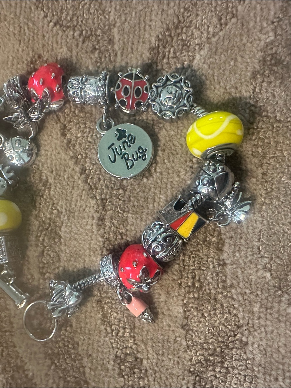 Silver Charm Bracelet with Red and Yellow Beads for June by Willabee and Ward